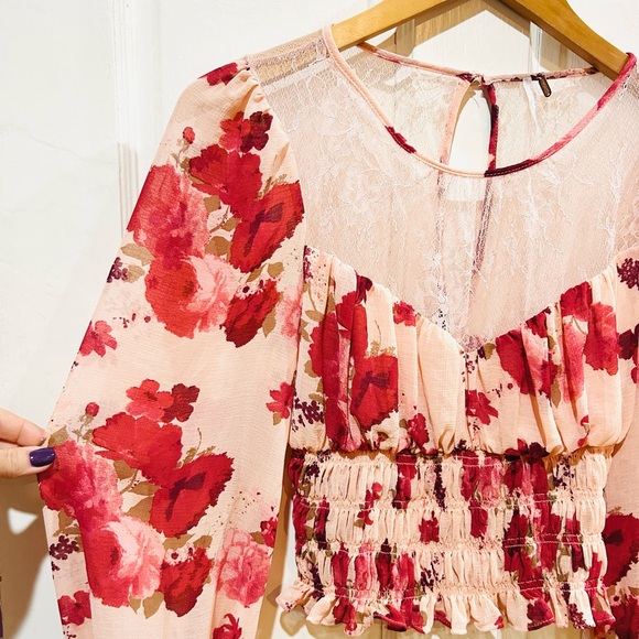 {Free People} "Daphne" Floral Lace Peplum Crop Peasant Blouse - Picture 7 of 13
